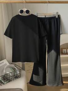 女童可爱兔子卡通印花圆领短袖T恤和紧身针织喇叭裤黑色可爱两件套 - 黑色 - 查看 2