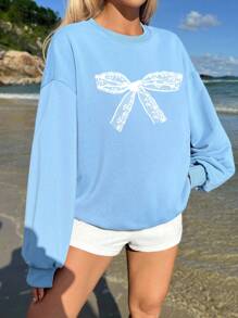 Muchica Áo nỉ dài tay rộng in họa tiết nơ ren trắng tối giản giản dị dành cho nữ, phù hợp cho mùa thu đông - Màu xanh bụi bặm - Xem 11