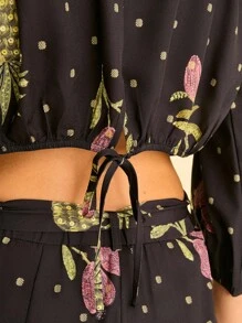 CAJUNI 女士菠萝印花 V 领系带长袖上衣 - 彩色 - 查看 6