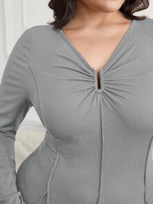 Mulvari Plus Size Women V-Neck Long Sleeve Elegant Solid Color Dress - Grey - View 5