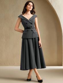 Anewsta Đầm midi màu xám thiết kế trễ vai thanh lịch mới, thắt eo, trang phục công sở - Xám - Xem 6