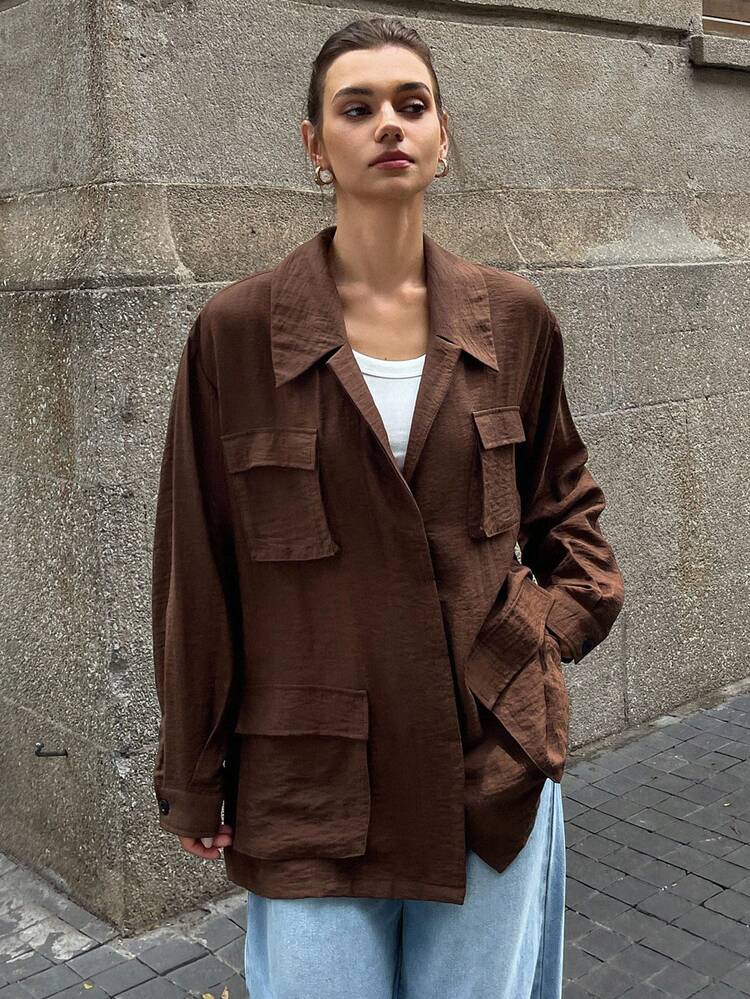 Women's Retro Coin Decor Long Collared Loose Casual Shirt With Large Pockets Brown Shirt Women Brown Blouses Brown Button Down Shirt Brown Top Chocolate Brown Top,Fall Women Clothes Long Sleeve Top