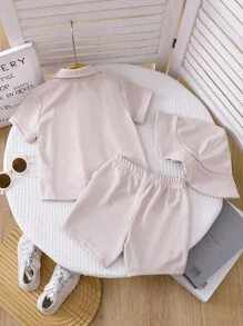 4-Piece Outfit Set For Baby Boy: White T-Shirt, Checkered Shirt, Shorts, Hat, Suitable For Summer Outings, Vacations & All Occasions, Mix & Match Casual Style - Apricot - View 3
