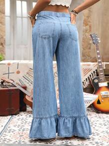 EMERY ROSE Plus Size Women Ruffle Hem Pockets Casual Denim Pants, Suitable For All Seasons - Blue - View 2