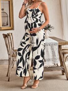 SHEIN Maternity Plant Print Casual Jumpsuit With Adjustable Strap & Wide Leg - Multicolor - View 4