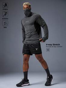 Manfinity Sport Polished Men's Barbell Print Raglan Sleeve Hoodie With Face Mask, Suitable For Fitness, Running, Cycling Ultra Lightweight Sweat-Wicking 4-Way Stretch Material Physique-Enhancing Seamless Design Hooded For Workout Gym Top