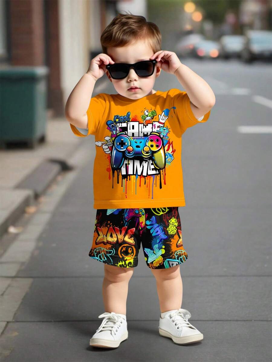 SHEIN Leap Crew 2pcs/Set Young Boy Casual Minimalist Round Neck Short Sleeve T-Shirt And Shorts Outfit, Suitable For Summer - White - View 1