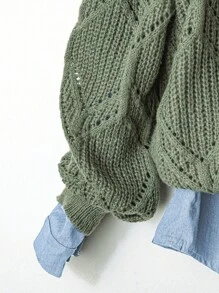 GlowEve Áo len cardigan đơn hàng ngày thiết kế rỗng màu trơn tay dài cho nữ - xanh quân đội - Xem 5