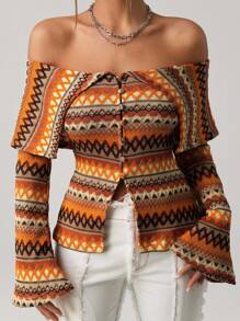 SHEIN ICON 波西米亚风复古乡村外出休闲复古拼色露肩喇叭袖T恤，秋季上衣 - 彩色 - 查看 6