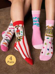 HARRY POTTER X SHEIN 4 Pairs Soft & Breathable Moisture-Wicking Casual Women Crew Socks With Fashionable And Cute Pink Crew Socks Reinforced Toe & Heel For Durability Unisex For Men & Women All Season All-Match,Christmas