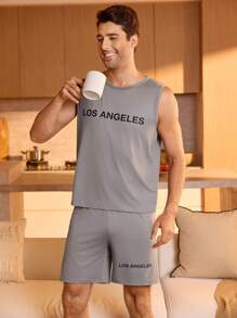 2 件男士休闲圆领无袖上衣和短裤睡衣套装 - 灰色 - 查看 5