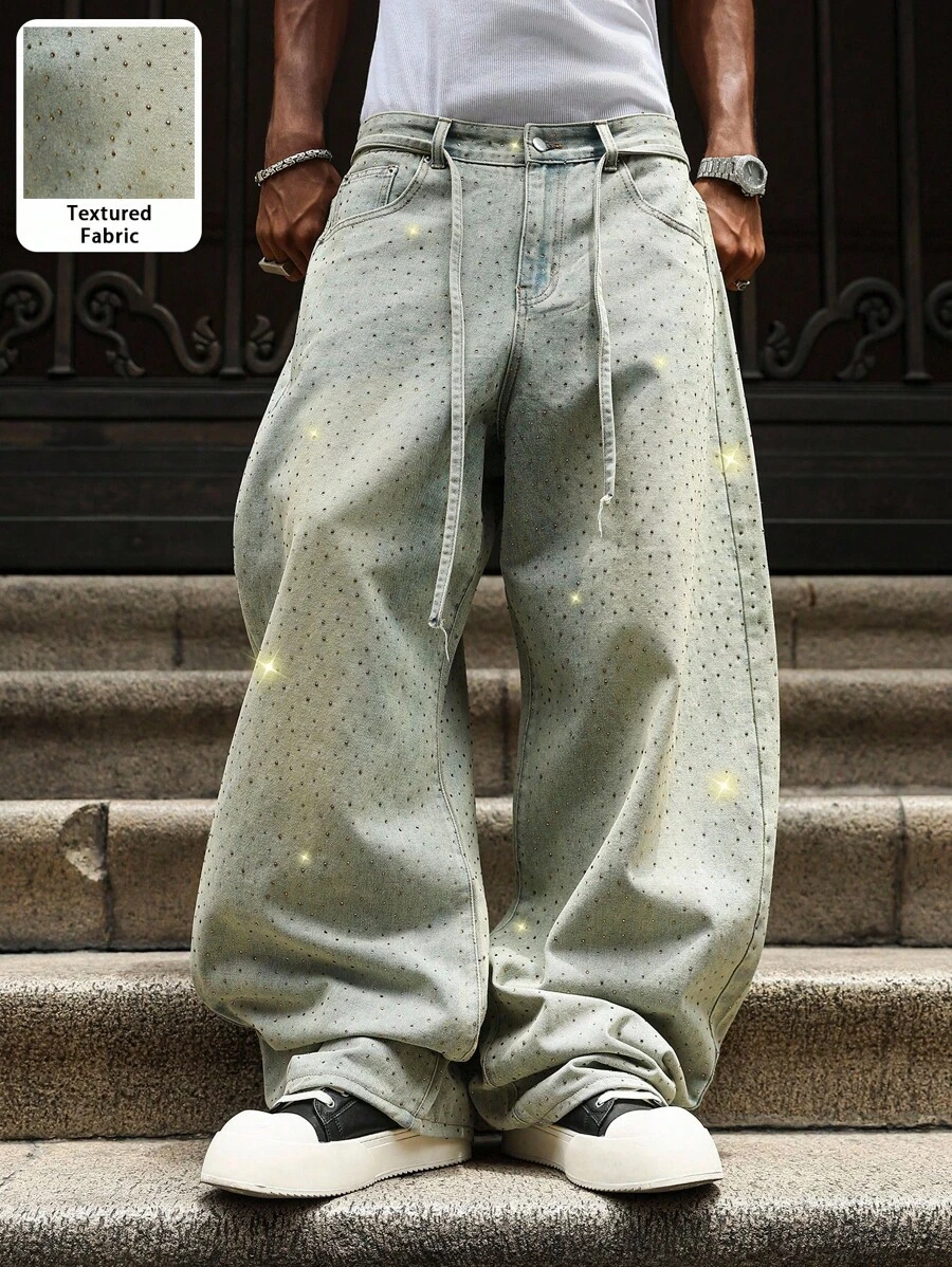 PAVTROS 复古男士水钻装饰图案牛仔裤 - 淺色水洗藍 - 查看 1