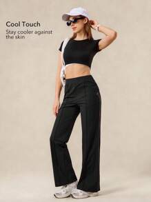 OutZeal Women Cool Touch Stretch Zipper Pocket Flared Black Sports Pants Daily Casual Fall Summer - Black - View 2