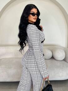 SHEIN SXY Women Minimalist Elegant Vintage Black&White Plaid Jacket, Casual/Work/Party/Formal Occasion Wear, Versatile Short Outerwear For Autumn/Winter, - Multicolor - View 5