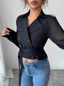 Elenzga Elegant Commuting Chic Fashion Versatile Solid Black Large Lapel Long Sleeve Chiffon Sheer Mesh Paneled Double Breasted Cinched Waist Waist Slim Short Trench Coat For Women Fall Winter Cloth For Women