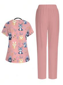 PopScrub 女士卡通印花手术服上衣和裤子护士制服套装 - 彩色 - 查看 2