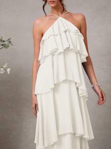 L'Amorae Elegant Romantic Wedding Guest Solid Halter Tiered Chiffon Maxi Dress