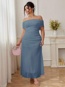 Modelyn Váy midi lưới trễ vai xếp nếp thanh lịch cỡ lớn dành cho nữ, dành cho những buổi hẹn hò - Màu xanh lam - Xem 4