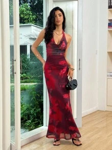 Rafferiza Summer Elegant Sexy Floral Print Sheer Draped Neck Backless Dress Summer Dress - Burgundy - View 6