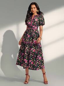 Almamuse Đầm dài in họa tiết thanh lịch cho nữ - màu đen - Xem 5