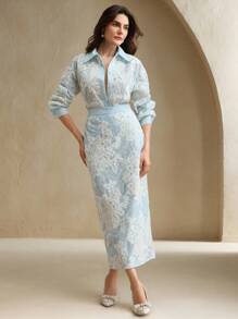 Anewsta Set de 2 piezas: Camisa de manga larga con bloques de color y textura, y falda midi evasé con dobladillo dividido - Azul - Ver 5