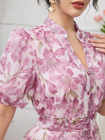 SHEIN Najma 法式浪漫优雅复古纽扣装饰女士华丽浪漫风格连衣裙