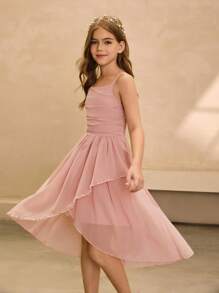 Đầm dự tiệc dài vừa phải hở vai dây mảnh màu hồng sang trọng thanh lịch dành cho bé gái tuổi mới lớn, thích hợp cho tiệc sinh nhật, đám cưới, vũ hội, tiệc chiêu đãi, biểu diễn, phù dâu và kỳ nghỉ - Hồng - Xem 5