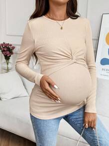 SHEIN Casual Versatile Solid Color Twist Front Maternity Nursing Top - Apricot - View 4