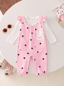 SHEIN Infant/Baby GirlCasual Long Sleeve Top And Cute Bunny Decorated Jumpsuit, Spring/Autumn