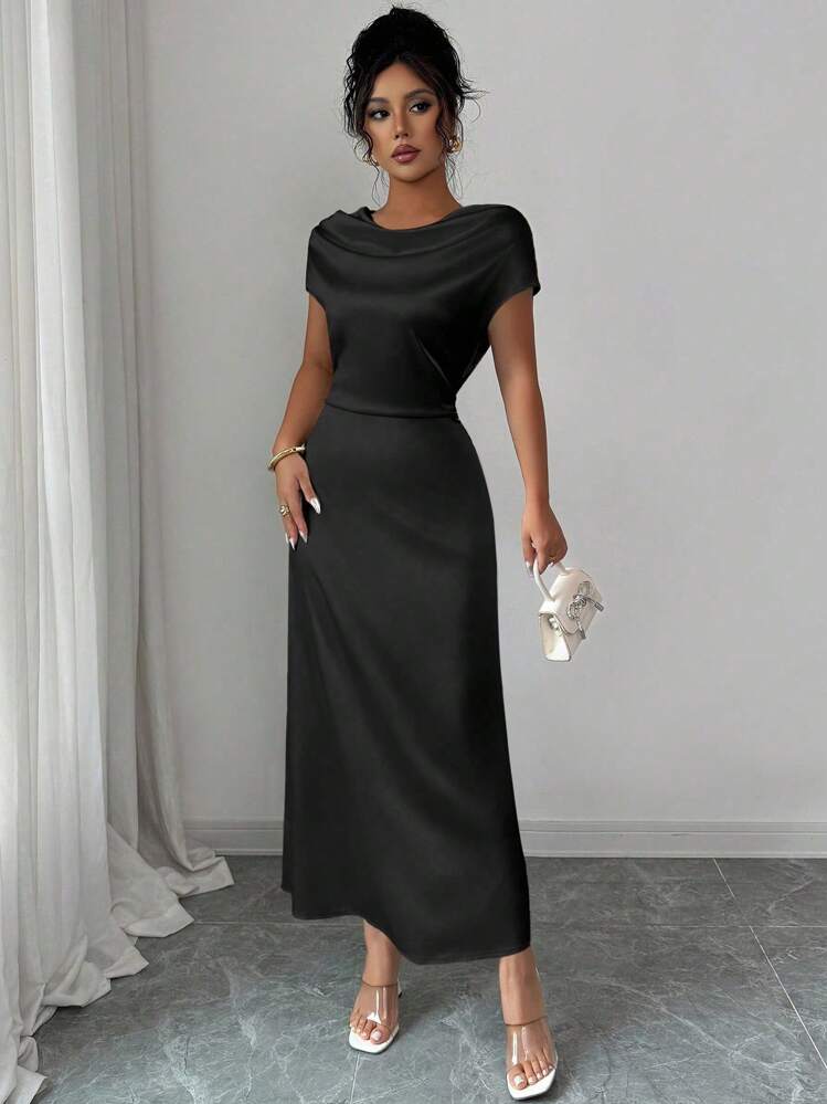 Rafferiza 女士优雅约会/通勤高领系带连衣裙，短袖 - 黑色 - 查看 4