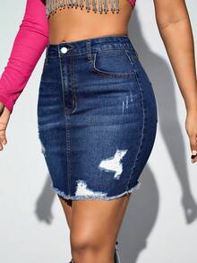 SHEIN SXY 女式口袋做旧磨边时尚牛仔迷你裙 - 深色水洗藍 - View 4