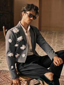 HIMLAND Men's Niche Design Embellished Single-Breasted Blazer, For Fall Winter - Multicolor - View 3