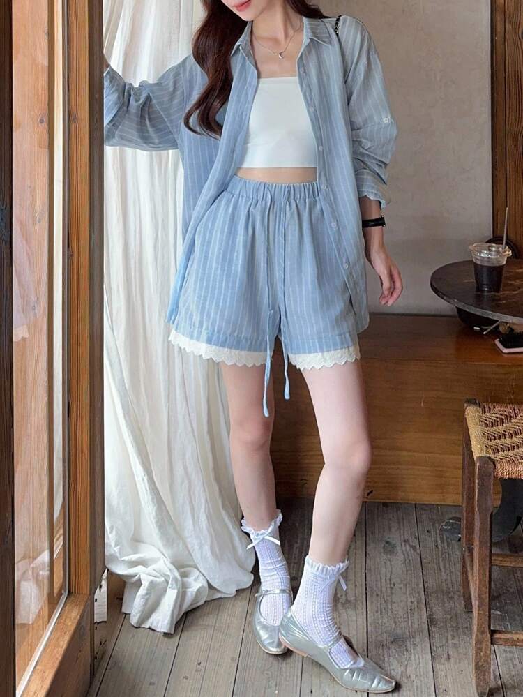 2pcs/Set Women Summer Loose Striped Shirt And Lace Patchwork Shorts, Girls Casual Outfit Lounge Sets For Women