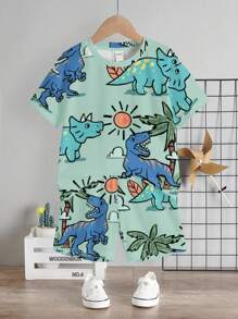 SHEIN 2pcs/Set Boys Casual Round Neck Short Sleeve T-Shirt And Shorts Set, Suitable For Summer - Multicolor - View 3