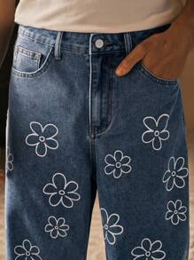 Manfinity VCAY Jeans rectos de cintura media con estampado floral simple y tejido casual para hombres - Azul - Ver 6