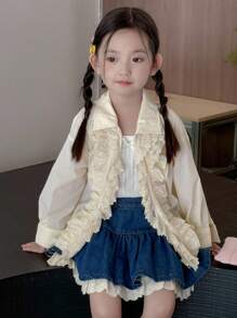 Dazy Kids 女童荷叶边宽松休闲长袖外套 - 杏色 - 查看 3