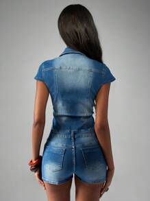 MISSGUIDED Denim Romper Button Front Playsuit Cap Sleeve Collared Summer Festival Fashion Short Jumpsuit Fitted Jean Casual Streetwear Spring Vacation