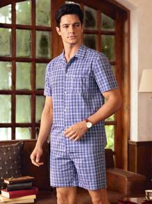 EverLounge Men's Plaid Short Sleeve Shorts Pajama Set - Blue - View 3