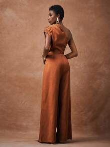 Zivah 2025 夏季新款休闲通勤度假气质棕色单肩褶皱阔腿长款女连体裤，毕业季，日常旅行，优雅，派对聚会，节日，早午餐装，机场装，返校，通勤，购物，旅行，约会，婚礼，度假 - 棕色 - 查看 3