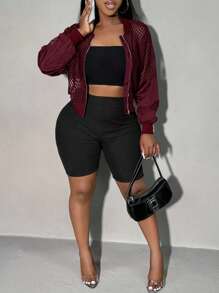 SHEIN SXY Women's Sheer Sleeve Patchwork Cropped Baseball Jacket In Fall/Winter - Burgundy - View 3