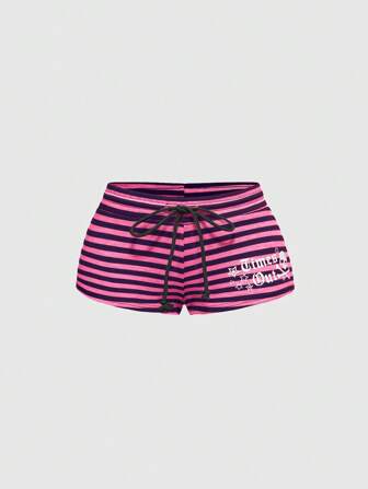 Short femme taille basse ultra-court noir et gris rayé avec impression de lettre et étoile à cinq branches en strass, style Y2K Abby PUNK