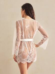 Charlaine Eyelash Lace Belted Teddy Bodysuit Lingerie With Robe Bridal Lingerie For Going Out - White - View 2