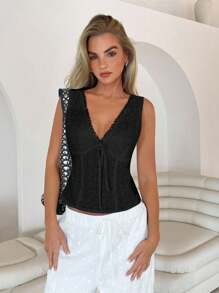 Roylia V领无袖镂空刺绣休闲衬衫 - 黑色 - 查看 4