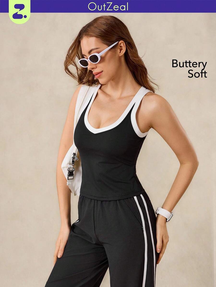 OutZeal Moisture-Wicking And Quick-Drying Color-Blocked Removable Pads Sports Tank Low Impact Yoga Gym Tennis - Black - View 1