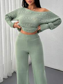 EURMUSE Solid Color Holo Out Batwing Sleeve Sweater, Spring/Fall Season, Long Sleeve Top And Sweater Pant Comfortable Two Piece Set - Green - View 7