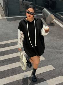 SHEIN EZwear 大码女式撞色长袖抽绳卫衣，秋冬女装 - 黑色 - 查看 3