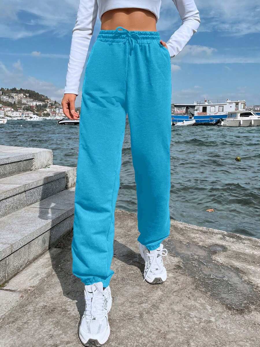 EURMUSE Women's Casual Solid Color Drawstring Sweatpants - Mint Blue - View 1