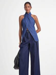 Daynim 女式露背吊带短款牛仔上衣，露背上衣 - 淺色水洗藍 - 查看 4