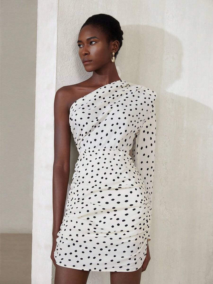 Aveloria Modichic French Elegant White With Black Polka Dots Summer Short Dress For Women,Asymmetric Long Sleeve Padded Shoulder Cinched Waist Ruched Hem Bar Party - Multicolor - View 1