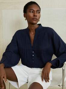 Aveloria Modichic Chic Long Sleeve Shirt With Drawstring Decor At Front & Cuffs Fall Cloth For Women - Navy Blue - View 3